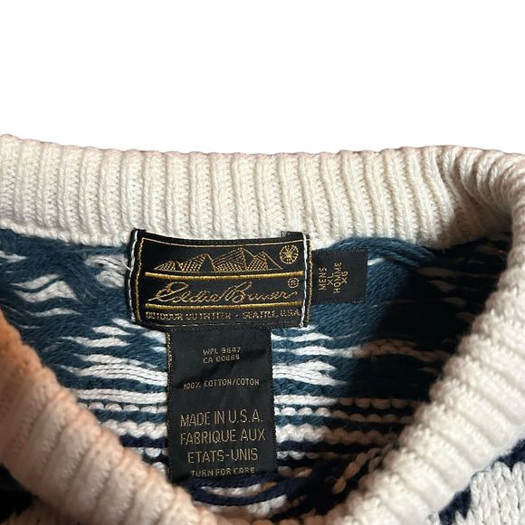 Vintage Eddie Bauer Cable Knit Sweater Mens XL Made in‎ USA Blue White Nordic - Picture 3 of 8